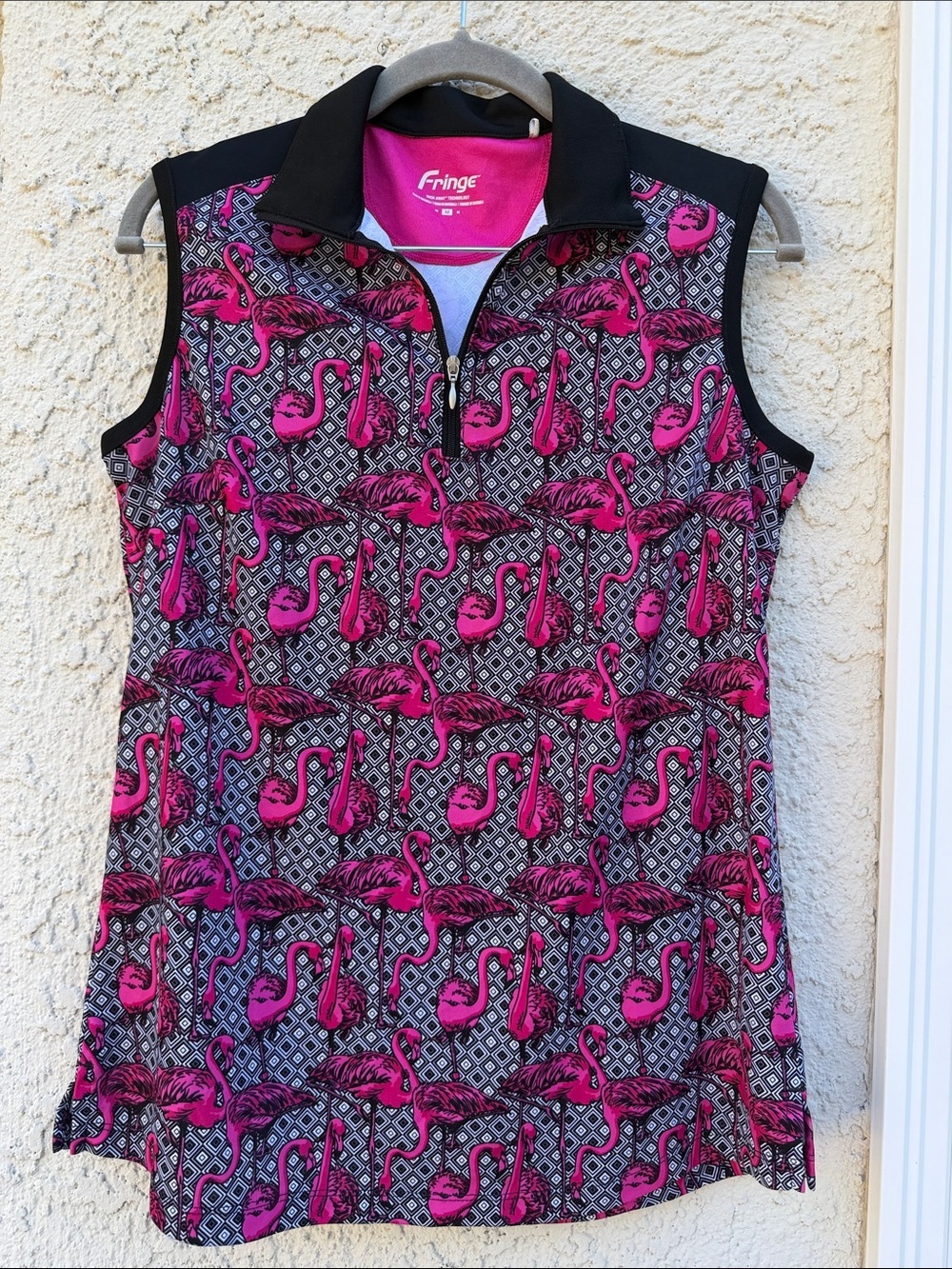 FRINGE Women's Flamingo Print Collared 1/4 Zip Sleeveless Golf Tank Size M